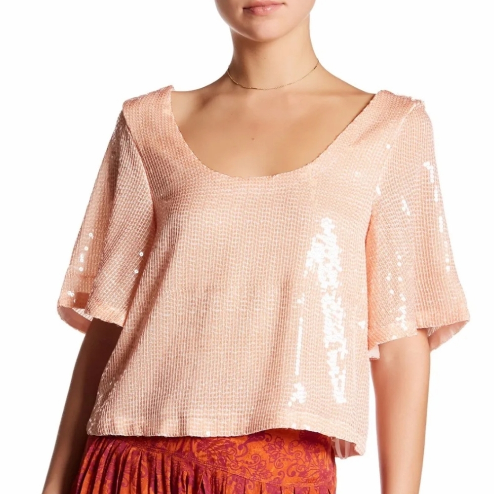 Free People Night Fever Peach Pearl Sparkle Sequin Blouse Top
